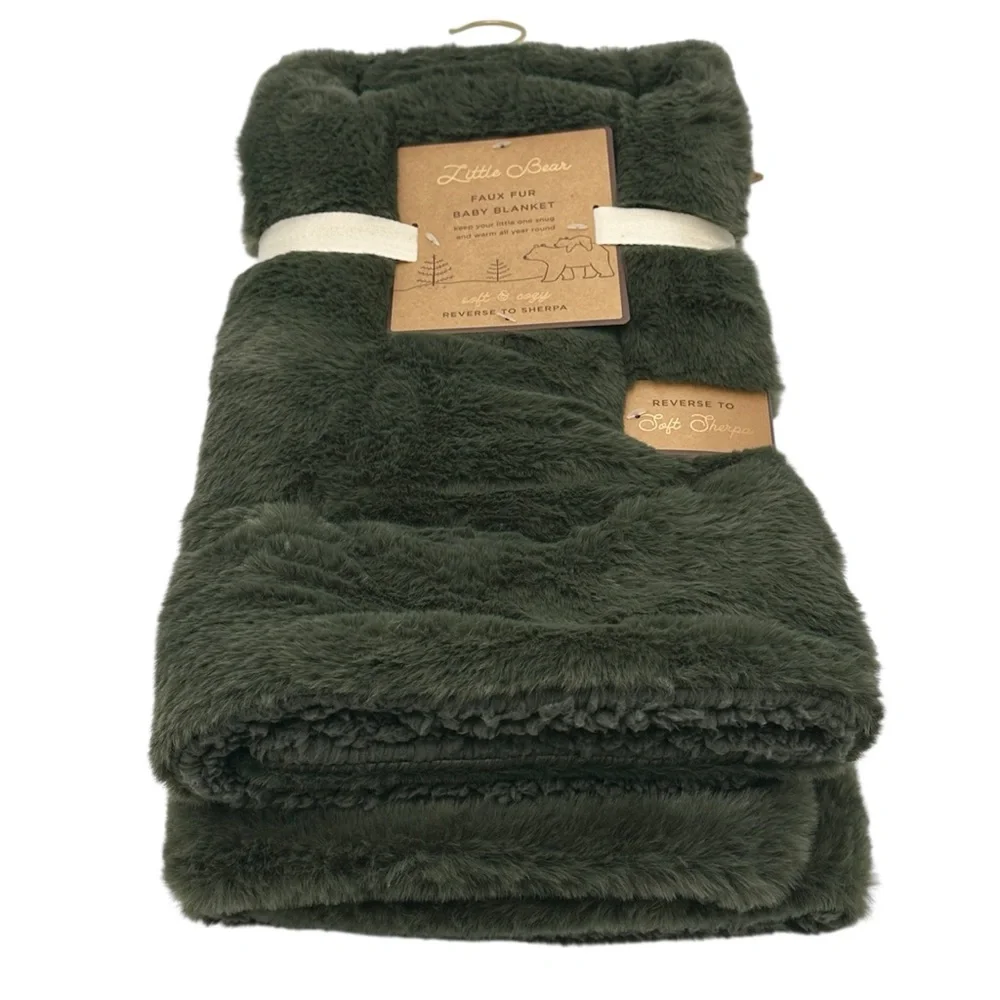 LITTLE BEAR Faux Fur Reversible Sherpa Baby Blanket | Forest Green | Unisex Gift